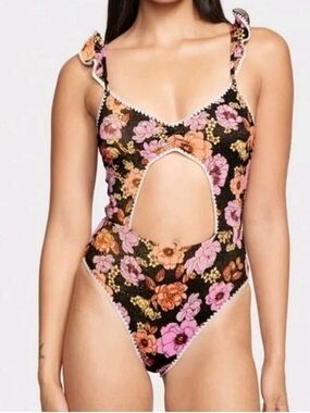 Victoria’s Secret One-Piece Swimsuit – Black, Size S, Ruffle, Floral, Cutout
